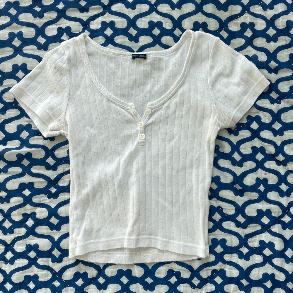 Brandy Melville Pointellle Short Sleeve Button Up White